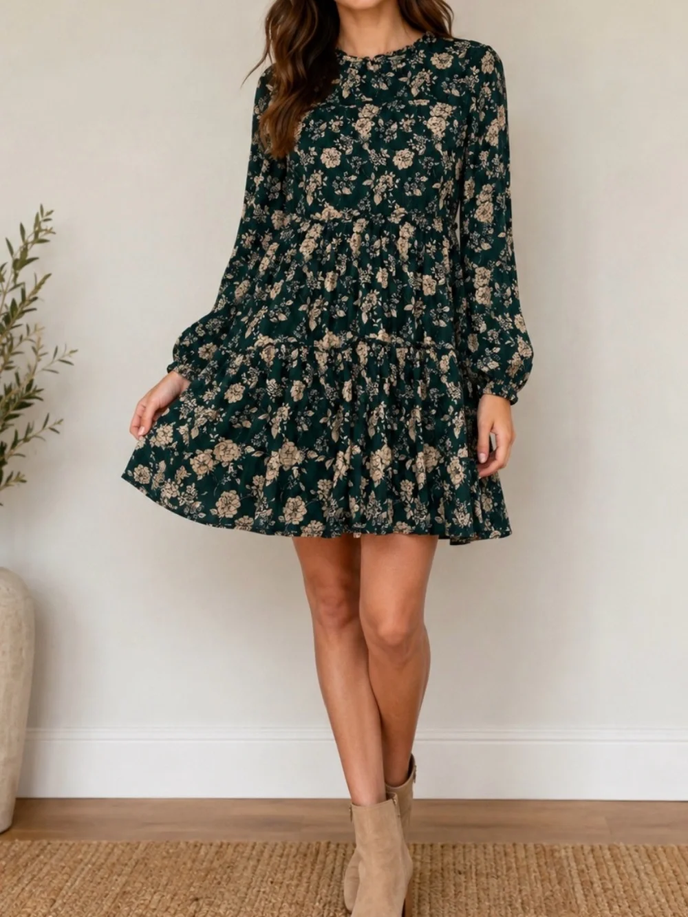 Long Sleeve Forest Green Floral Tiered Mini Dress - Picture 1 of 8